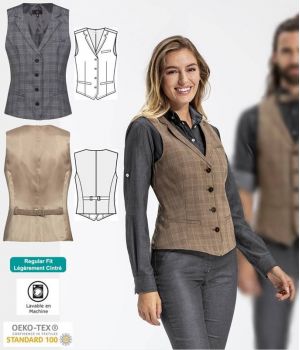 Gilet de Tailleur Femme, Tissu Prince de Galles, Laine et Polyester