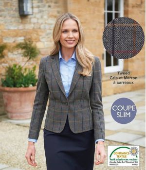 Veste Tweed Femme, Coupe Slim, Gris et Marron à carreau