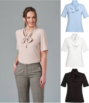 Chemisier Blouse Manches Courtes, Chic et Confort Stretch, Col à nouer