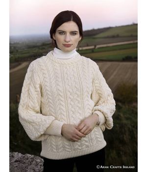 Pull Irlandais Femme Ecru, Taille M, 100% Laine Mérinos.