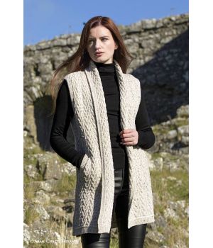 Cardigan Irlandais sans manches, Col châle, 100% Laine Mérinos