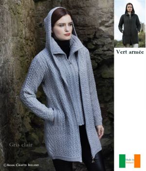 Très Chic Manteau Irlandais à Capuche, 100% Laine Mérinos Extra Douce