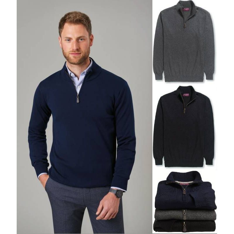 Pullover Homme, Col Zippé, Patte et Bordures en Côte, Coton et