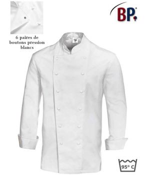 Veste de Cuisine, 100% Coton, Peut Bouillir, Boutons Pressions Blancs