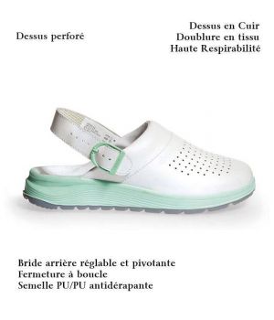 Sabots Professions Médicales, Blanc et Vert, Dessus Cuir Perforé, Confort et Légèreté