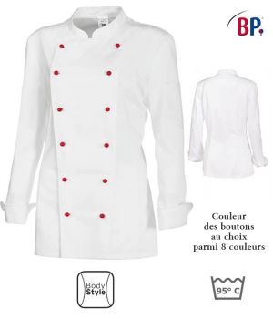 Veste de cuisine dame, manches longues, peut bouillir, Blanc, design féminin