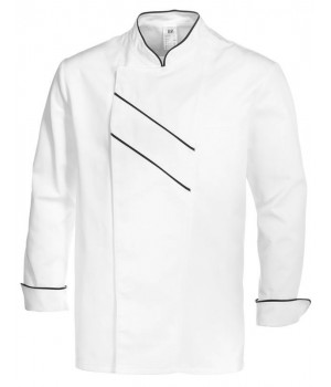 Veste de Cuisine Grand Chef,  Blanc avec Passepoil et rayures Noir