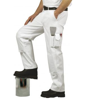 Pantalon Blanc de Travail Homme, 100% Coton, Blanc, Huit Poches