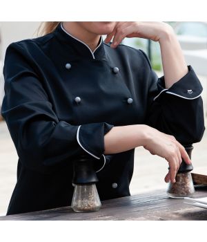 Veste chef de cuisine noire pour femmes, manches longues, passepoil.