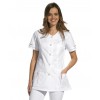 Blouse courte, manches 1/2, Blanche et passepoil discret rouge et gris argenté