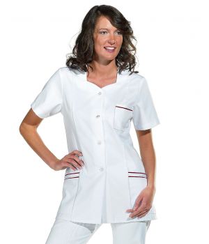 Blouse dame à manches courtes, Passepoils bordeaux aux poches
